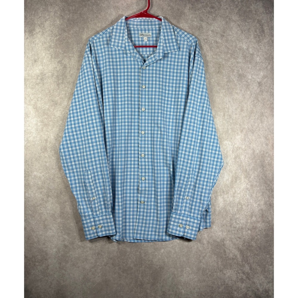 Peter Millar Button Down Shirt Mens XL Blue Summer Comfort Plaid Performance
